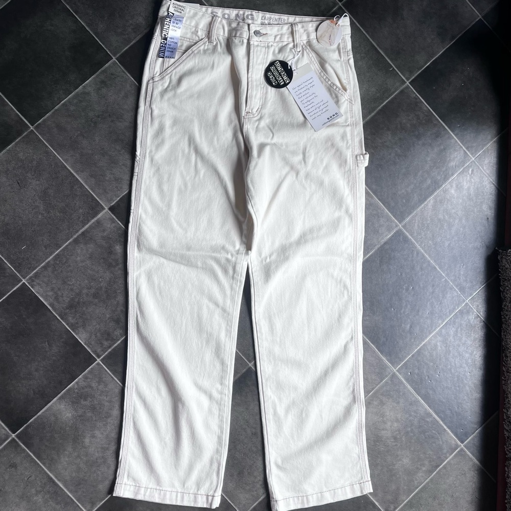 SONG Women 13 Boyfriend Carpenter 90's Boyfriend Cream Colored Utility Jeans NWT